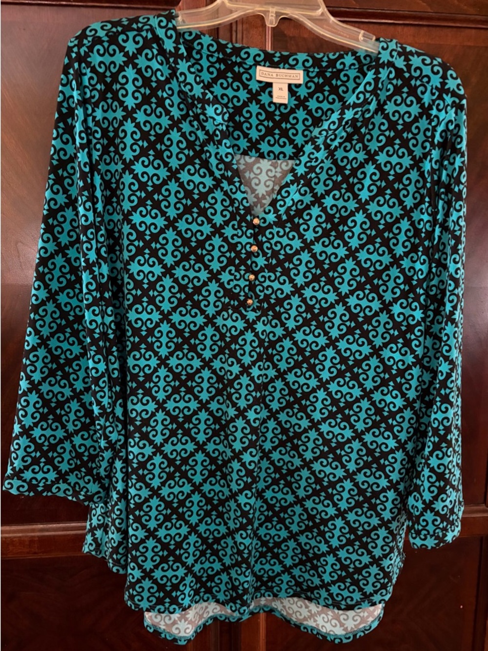 Dana Buchman Teal and Black Patterned Tunic Top